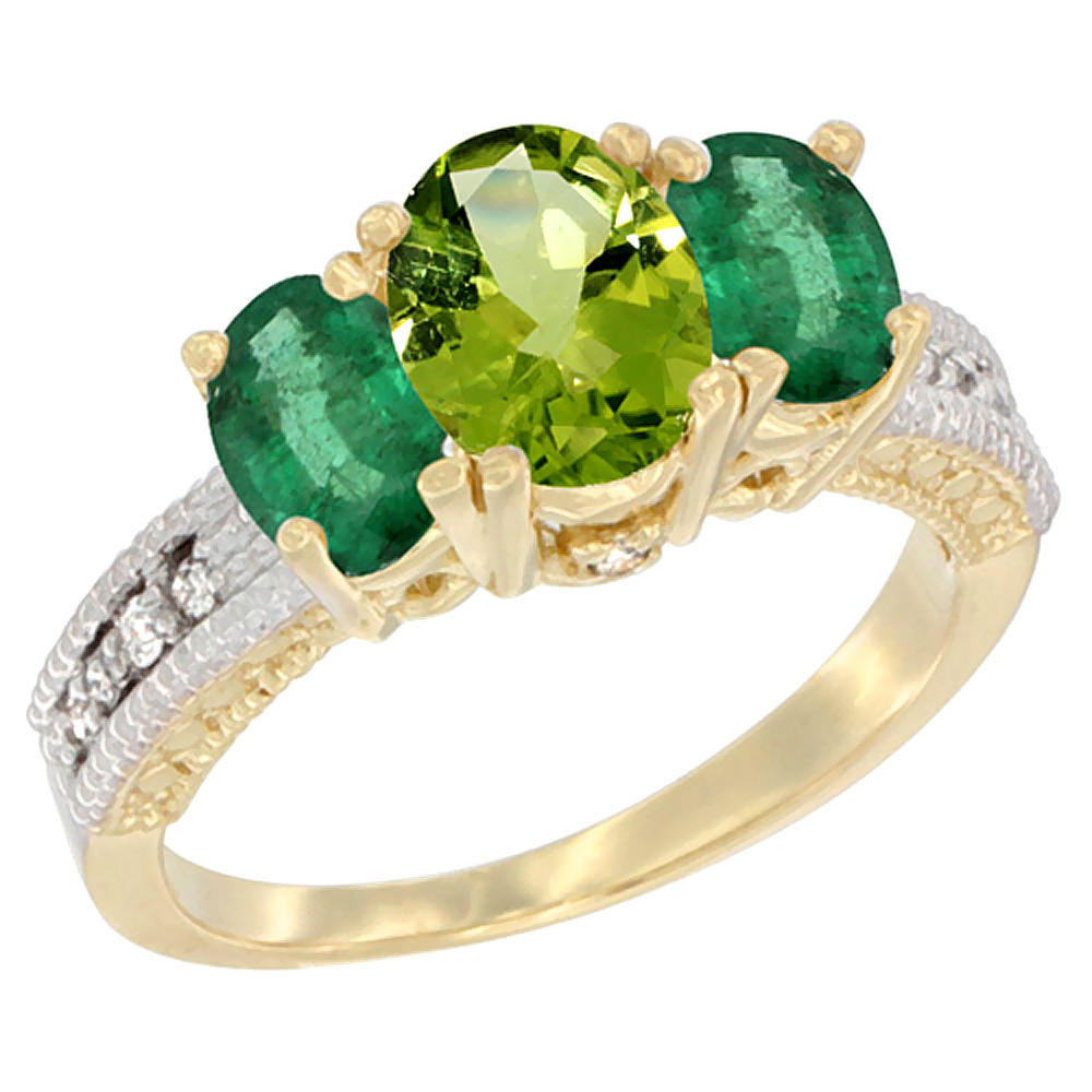 10K Yellow Gold Diamond Natural Peridot Ring Oval 3-stone with Emerald, sizes 5 - 10