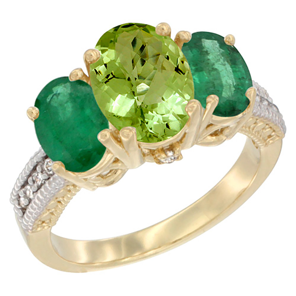 14K Yellow Gold Diamond Natural Peridot Ring 3-Stone Oval 8x6mm with Emerald, sizes5-10