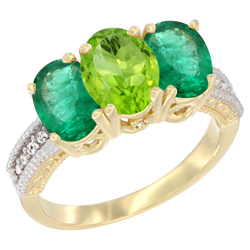 14K Yellow Gold Natural Peridot &amp; Emerald Sides Ring 3-Stone 7x5 mm Oval Diamond Accent, sizes 5 - 10