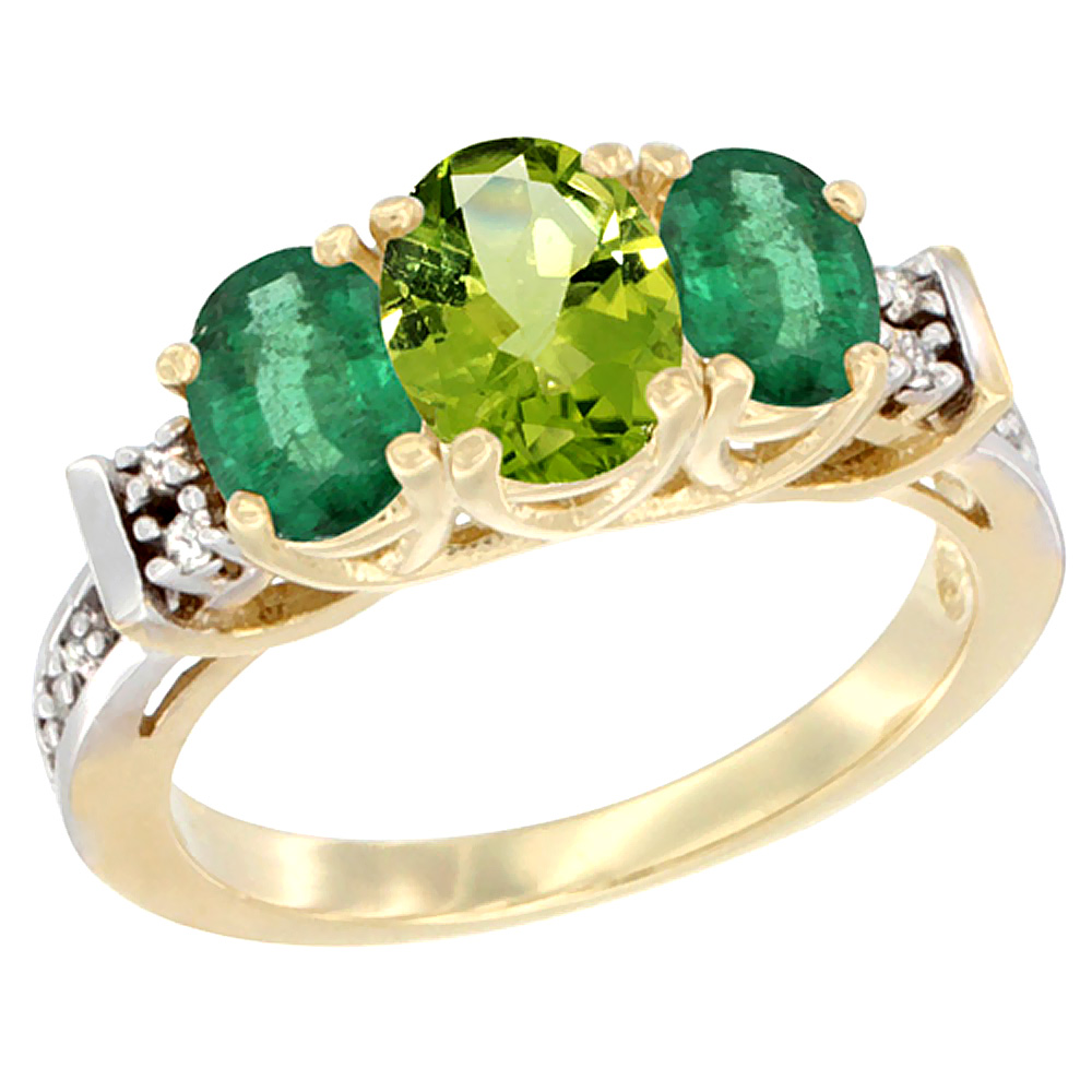 10K Yellow Gold Natural Peridot & Emerald Ring 3-Stone Oval Diamond Accent