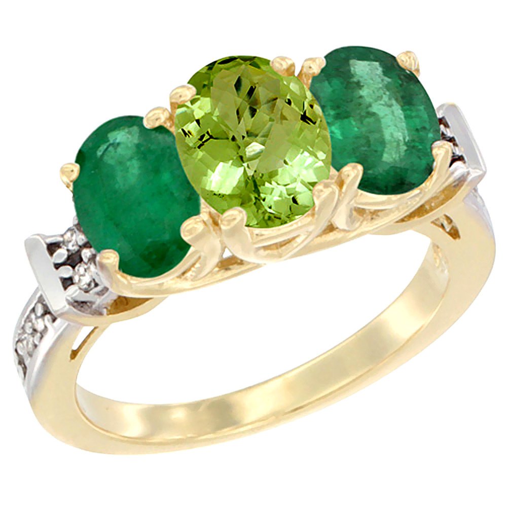 10K Yellow Gold Natural Peridot &amp; Emerald Sides Ring 3-Stone Oval Diamond Accent, sizes 5 - 10
