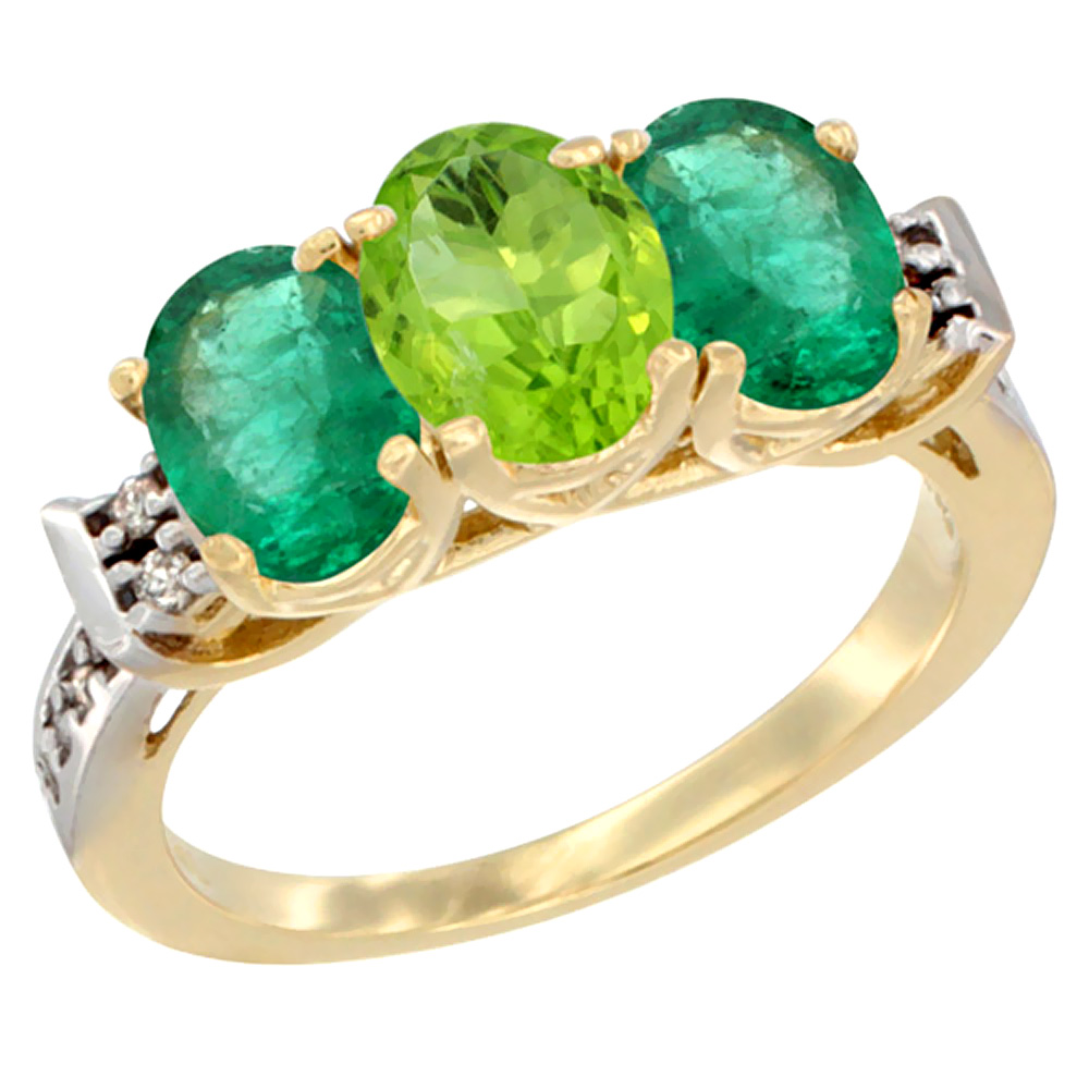 10K Yellow Gold Natural Peridot & Emerald Sides Ring 3-Stone Oval 7x5 mm Diamond Accent, sizes 5 - 10