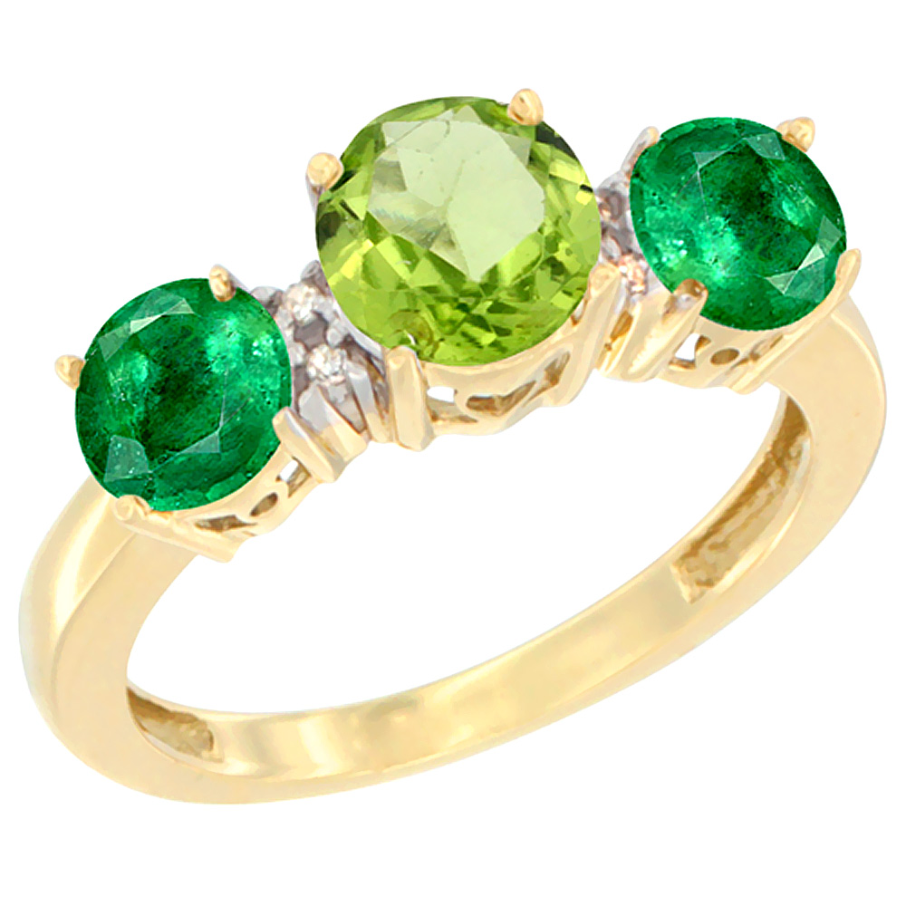14K Yellow Gold Round 3-Stone Natural Peridot Ring & Emerald Sides Diamond Accent, sizes 5 - 10