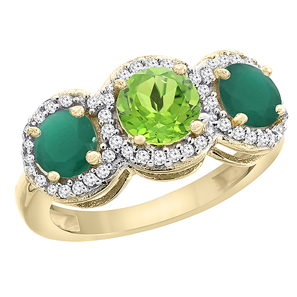 14K Yellow Gold Natural Peridot &amp; Emerald Sides Round 3-stone Ring Diamond Accents, sizes 5 - 10