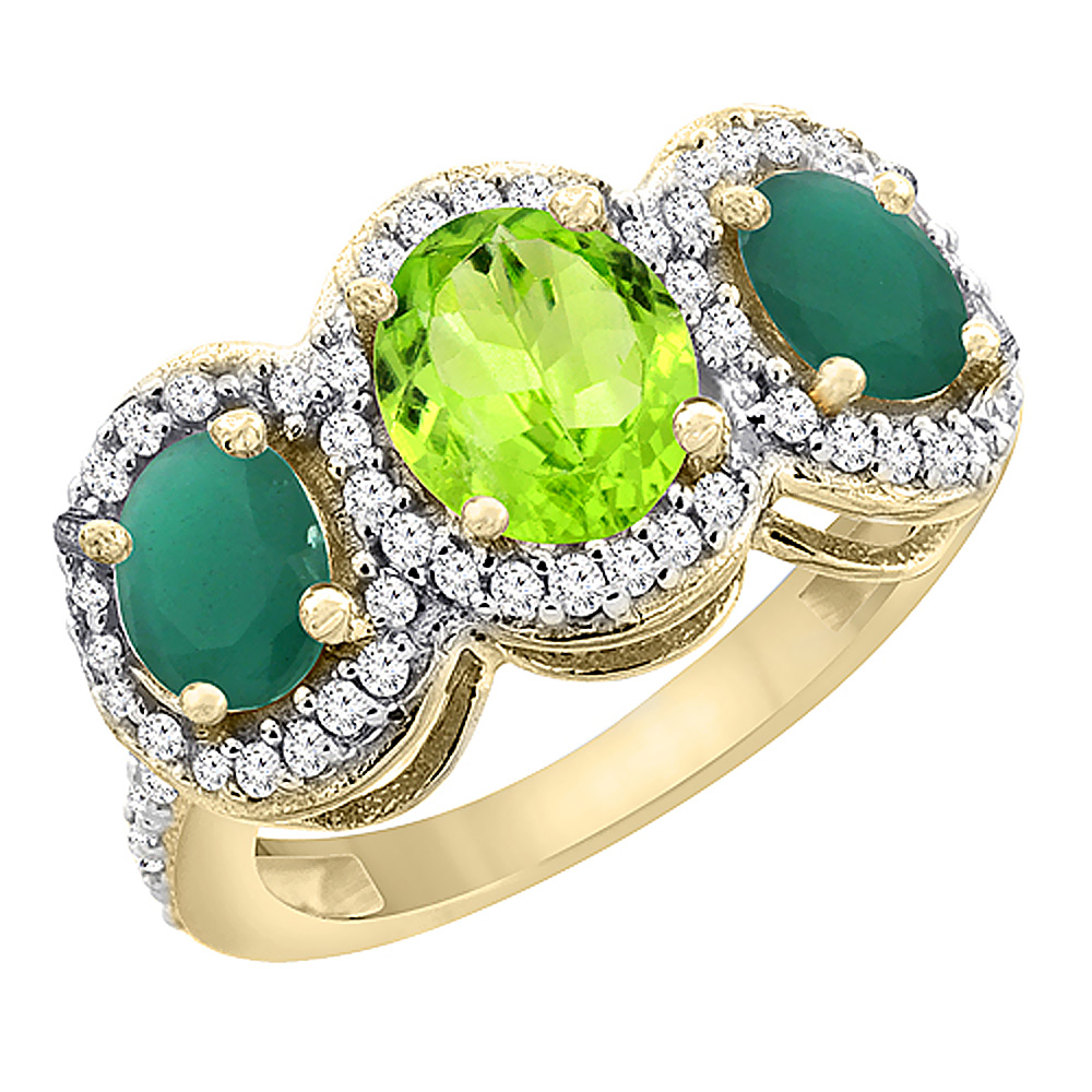 14K Yellow Gold Natural Peridot & Emerald 3-Stone Ring Oval Diamond Accent, sizes 5 - 10