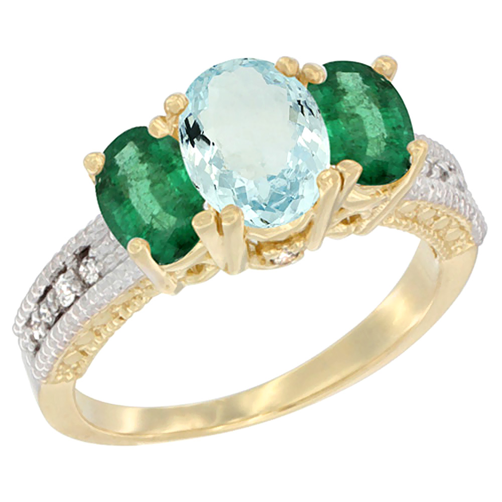 14K Yellow Gold Diamond Natural Aquamarine 7x5mm &amp; 6x4mm Quality Emerald Oval 3-stone Mothers Ring,sz5-10