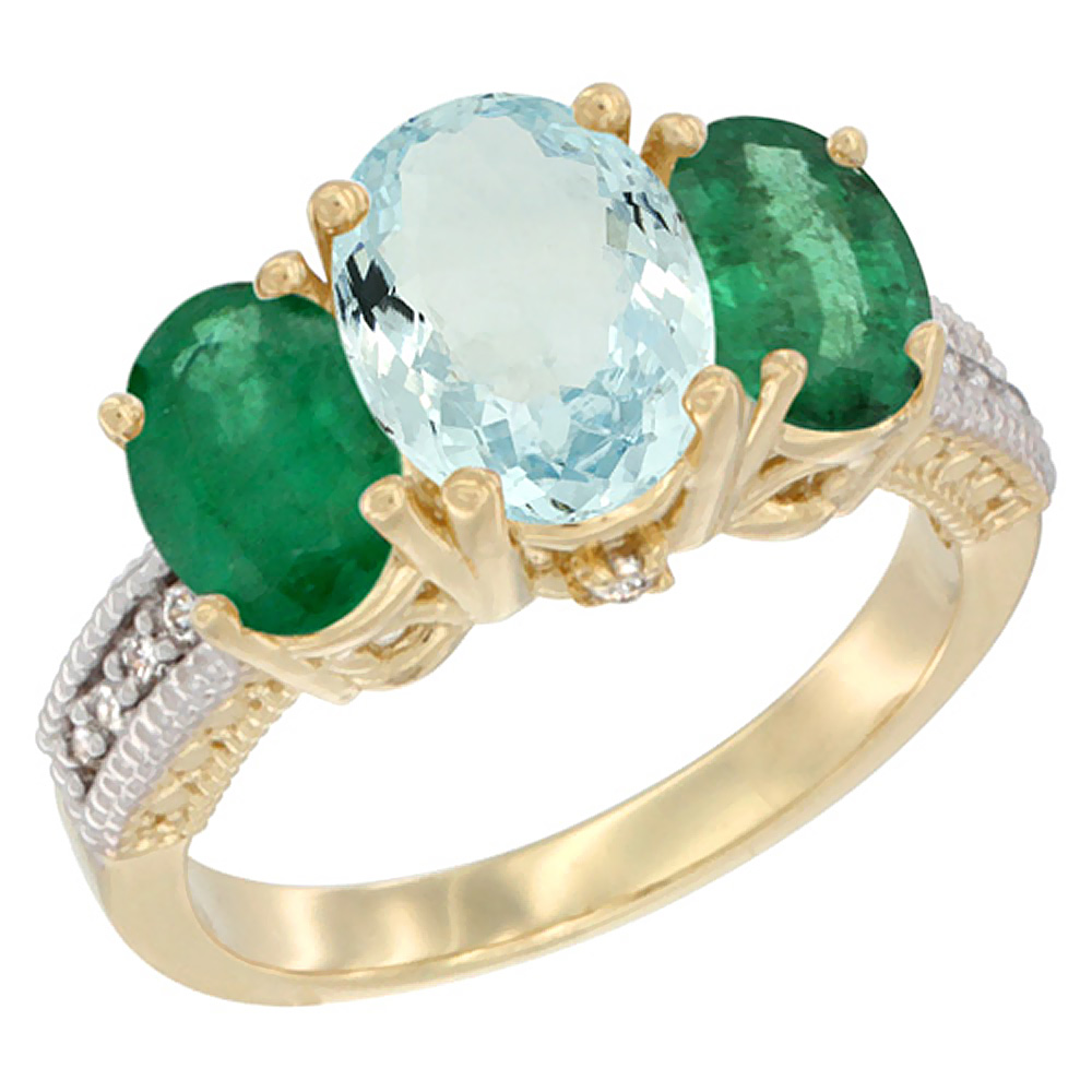 14K Yellow Gold Diamond Natural Aquamarine Ring 3-Stone Oval 8x6mm with Emerald, sizes5-10