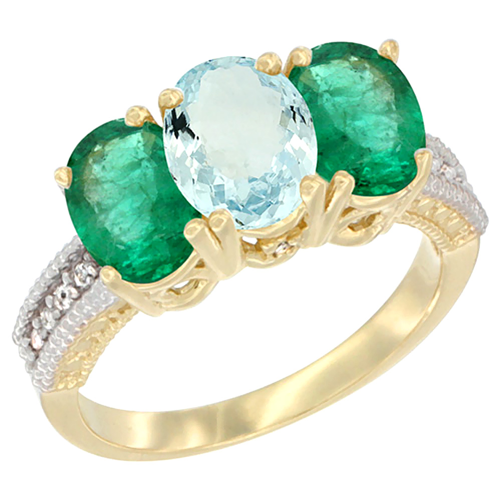 14K Yellow Gold Natural Aquamarine & Emerald Sides Ring 3-Stone 7x5 mm Oval Diamond Accent, sizes 5 - 10