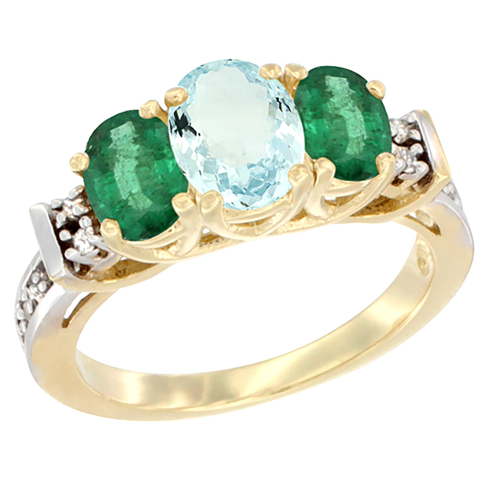 10K Yellow Gold Natural Aquamarine & Emerald Ring 3-Stone Oval Diamond Accent
