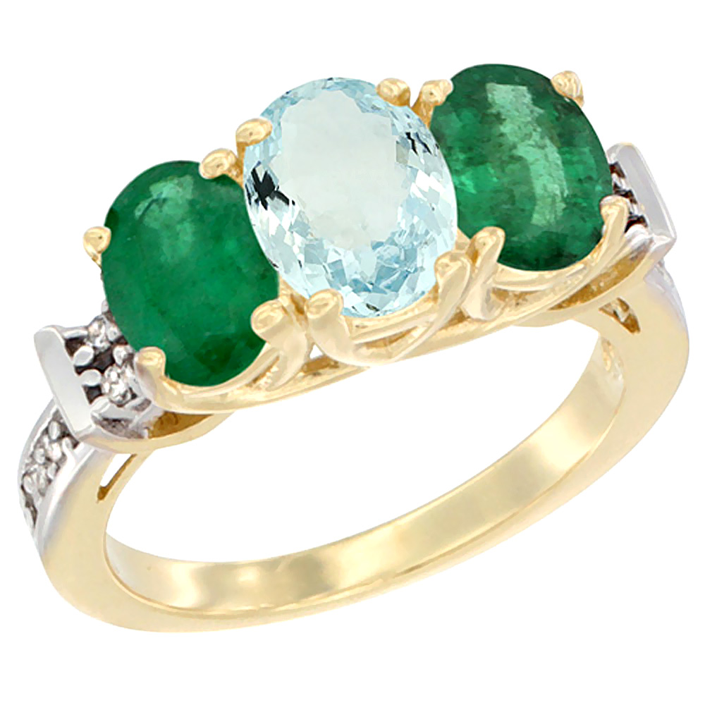 14K Yellow Gold Natural Aquamarine & Emerald Sides Ring 3-Stone Oval Diamond Accent, sizes 5 - 10