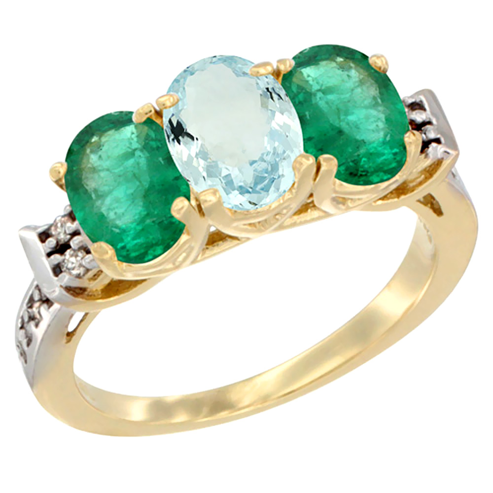 10K Yellow Gold Natural Aquamarine & Emerald Sides Ring 3-Stone Oval 7x5 mm Diamond Accent, sizes 5 - 10