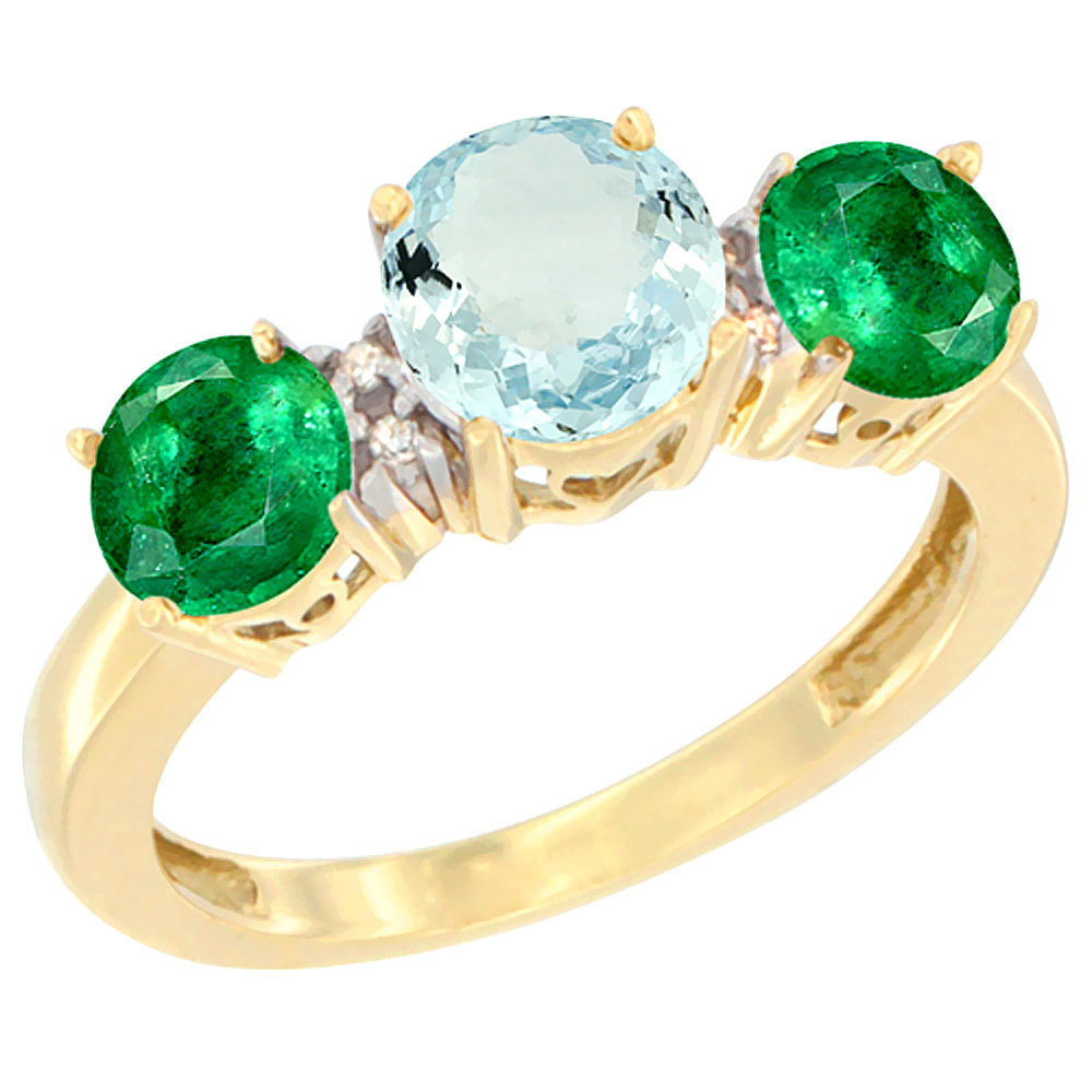 14K Yellow Gold Round 3-Stone Natural Aquamarine Ring &amp; Emerald Sides Diamond Accent, sizes 5 - 10