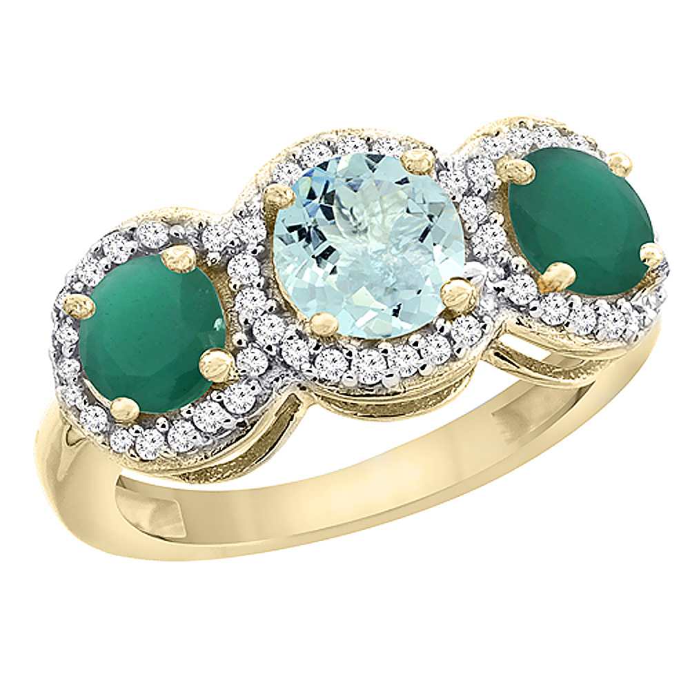10K Yellow Gold Natural Aquamarine &amp; Emerald Sides Round 3-stone Ring Diamond Accents, sizes 5 - 10