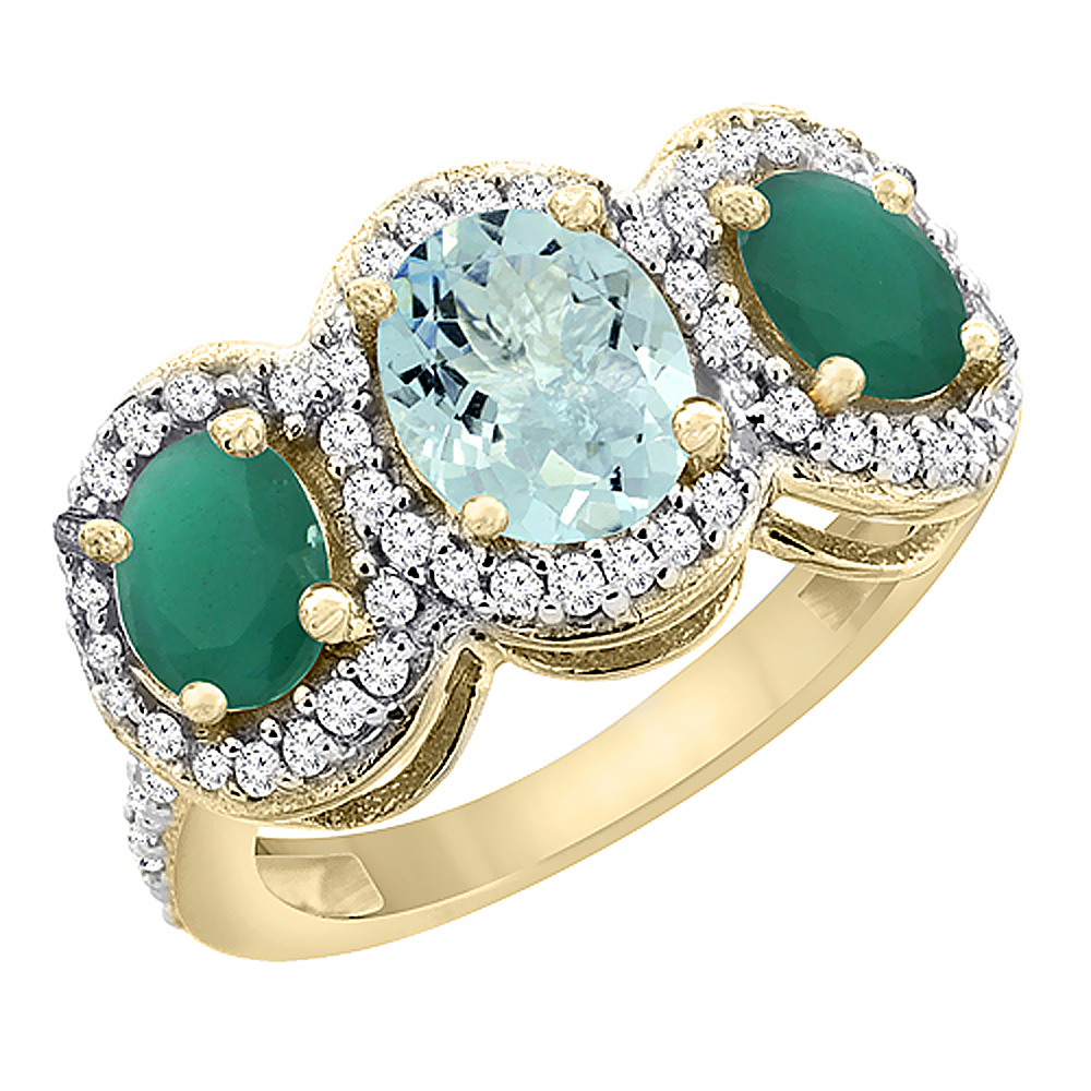 10K Yellow Gold Natural Aquamarine & Cabochon Emerald 3-Stone Ring Oval Diamond Accent, sizes 5 - 10