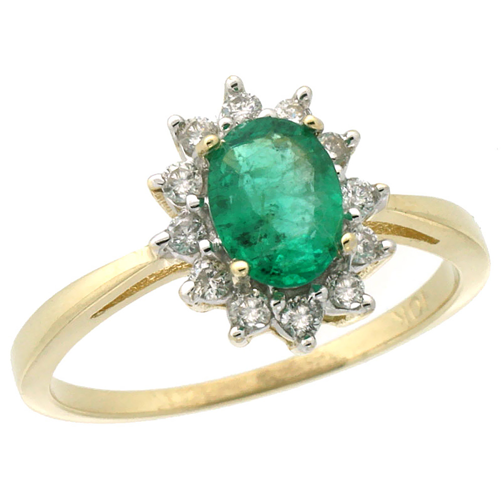 10k Yellow Gold Natural Emerald Engagement Ring Oval 7x5mm Diamond Halo, sizes 5-10