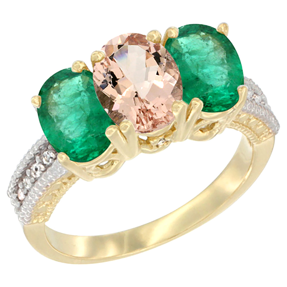 14K Yellow Gold Natural Morganite &amp; Emerald Sides Ring 3-Stone 7x5 mm Oval Diamond Accent, sizes 5 - 10