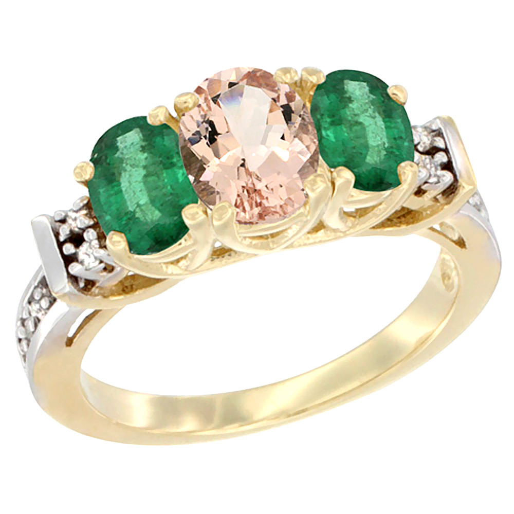 10K Yellow Gold Natural Morganite &amp; Emerald Ring 3-Stone Oval Diamond Accent
