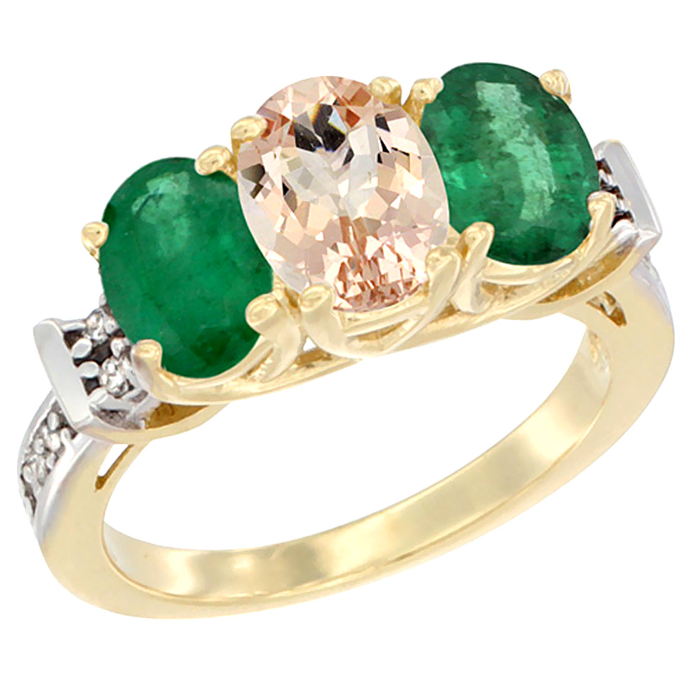 14K Yellow Gold Natural Morganite &amp; Emerald Sides Ring 3-Stone Oval Diamond Accent, sizes 5 - 10