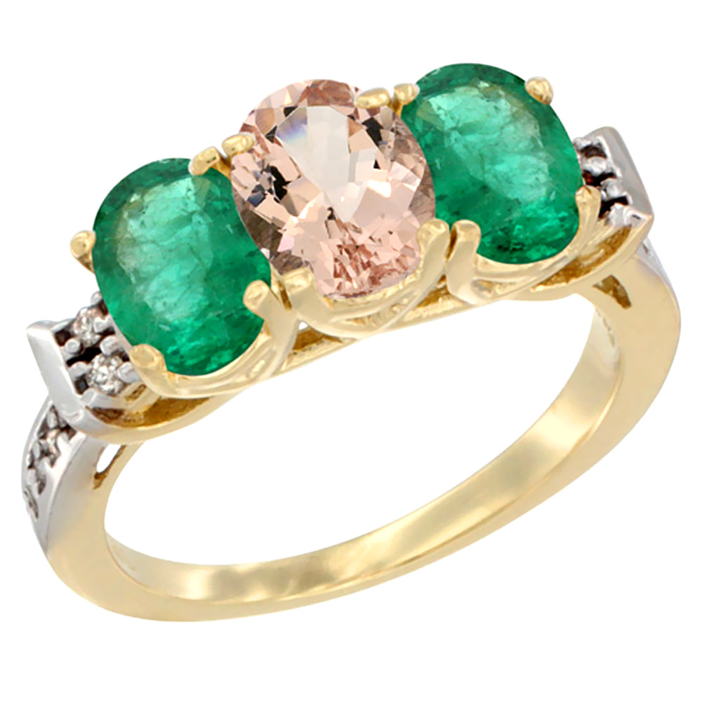 14K Yellow Gold Natural Morganite &amp; Emerald Sides Ring 3-Stone Oval 7x5 mm Diamond Accent, sizes 5 - 10