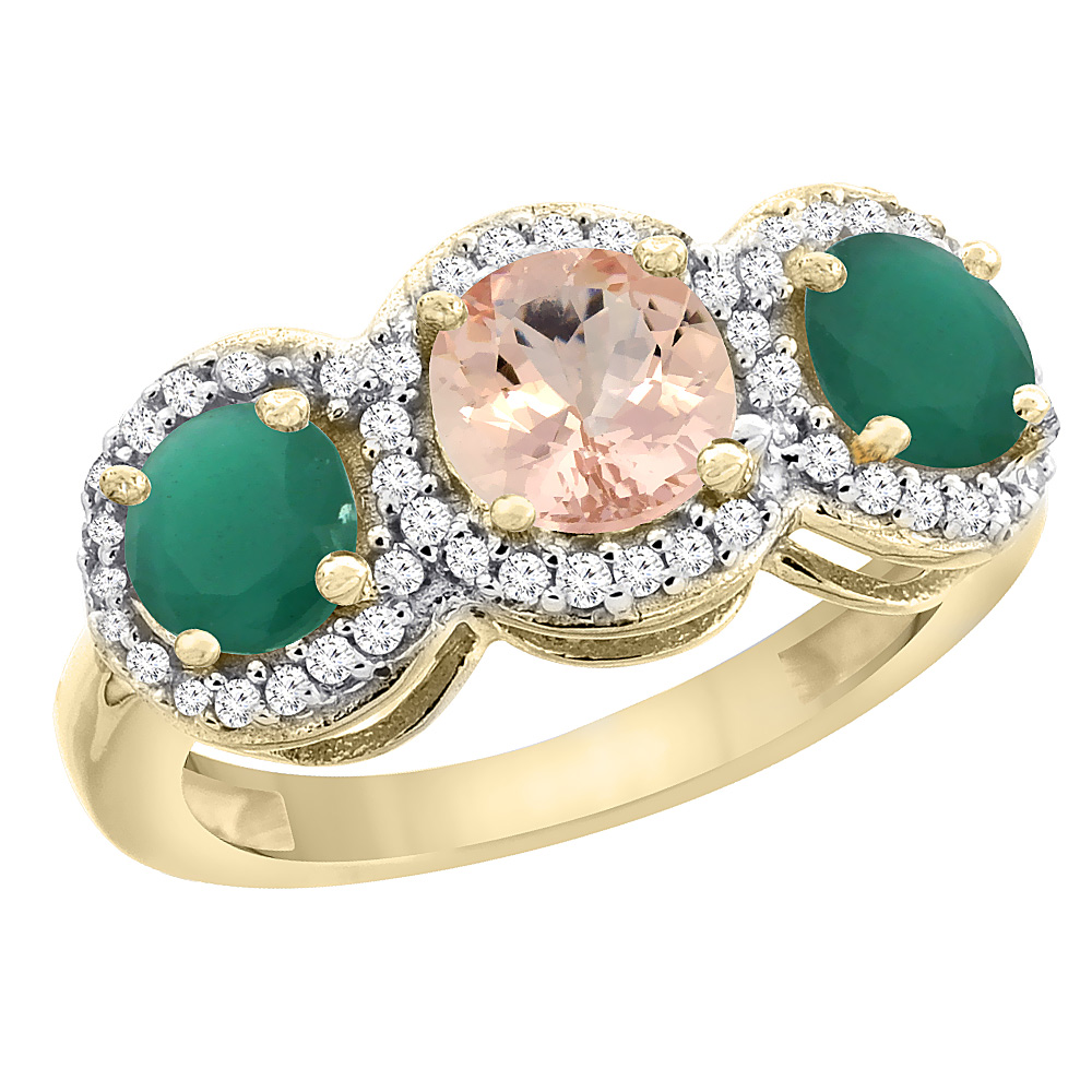 14K Yellow Gold Natural Morganite &amp; Emerald Sides Round 3-stone Ring Diamond Accents, sizes 5 - 10