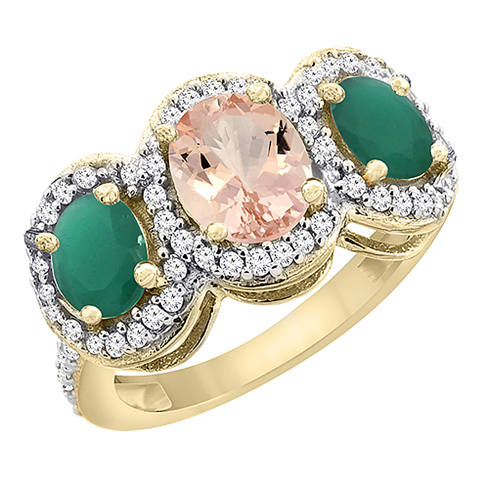 14K Yellow Gold Natural Morganite & Emerald 3-Stone Ring Oval Diamond Accent, sizes 5 - 10