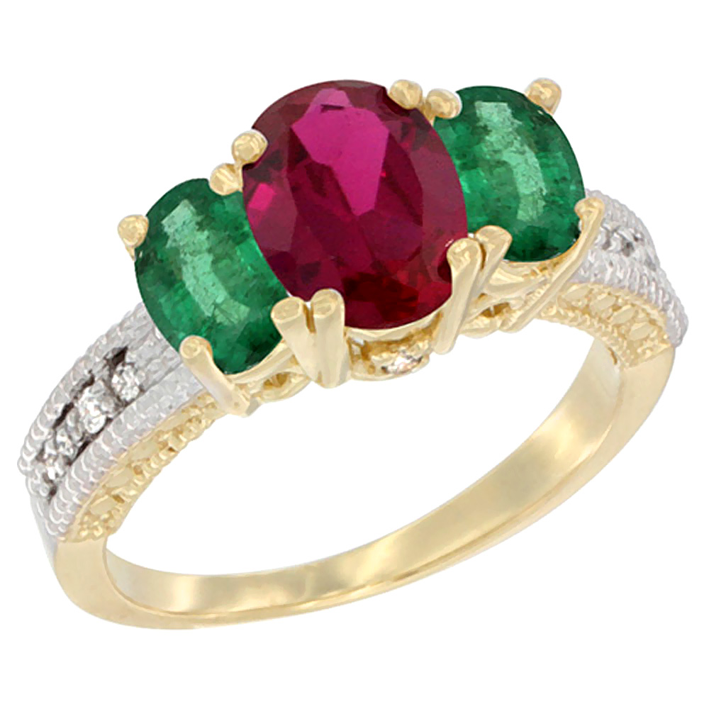 14K Yellow Gold Diamond Enhanced Ruby 7x5mm &amp; 6x4mm Quality Emerald Oval 3-stone Mothers Ring,size 5 - 10