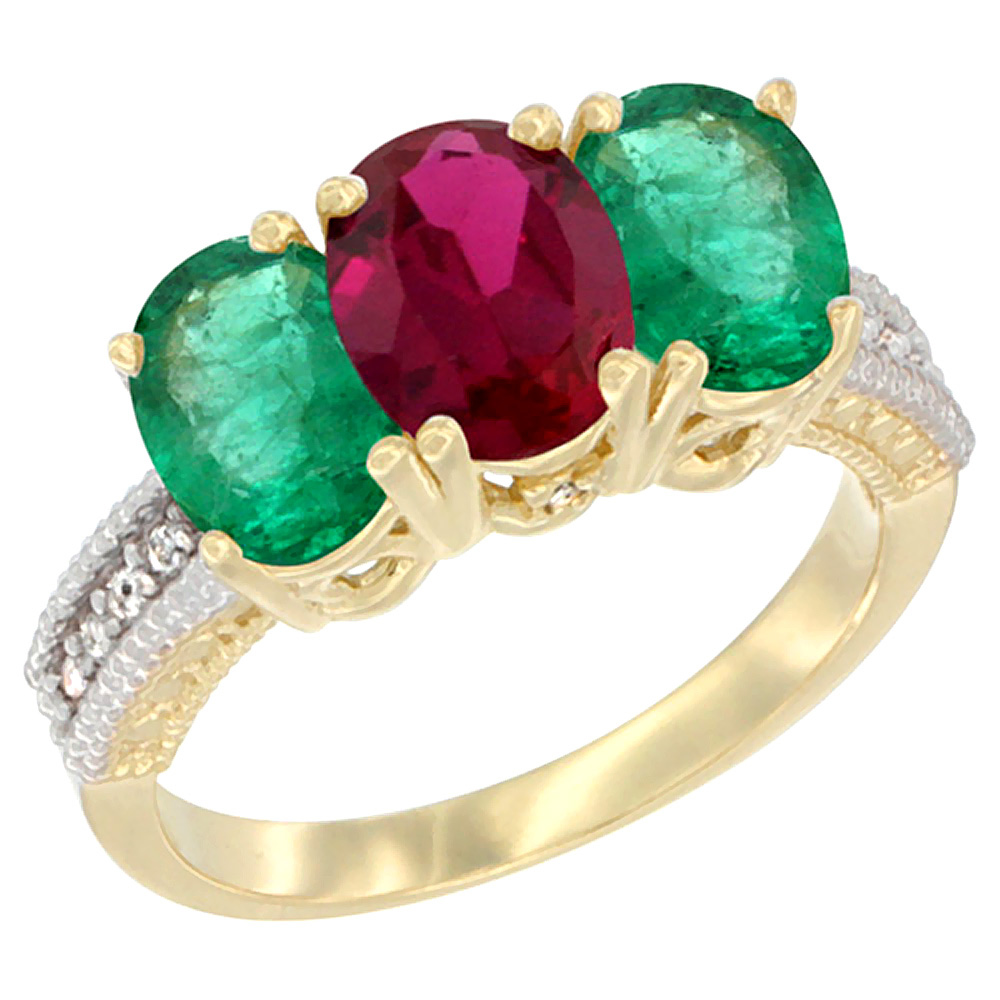 14K Yellow Gold Enhanced Ruby &amp; Natural Emerald Sides Ring 3-Stone 7x5 mm Oval Diamond Accent, sizes 5 - 10