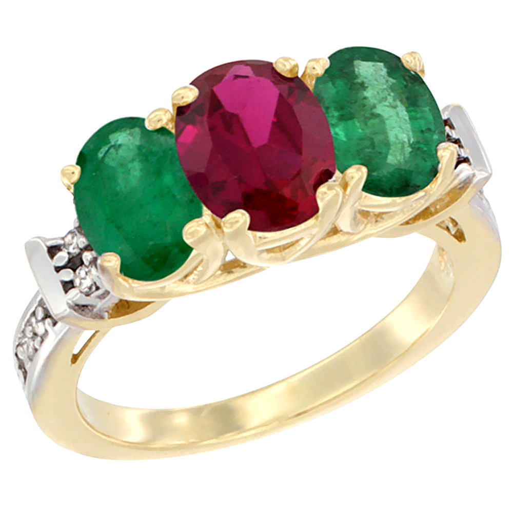 10K Yellow Gold Enhanced Ruby & Emerald Sides Ring 3-Stone Oval Diamond Accent, sizes 5 - 10