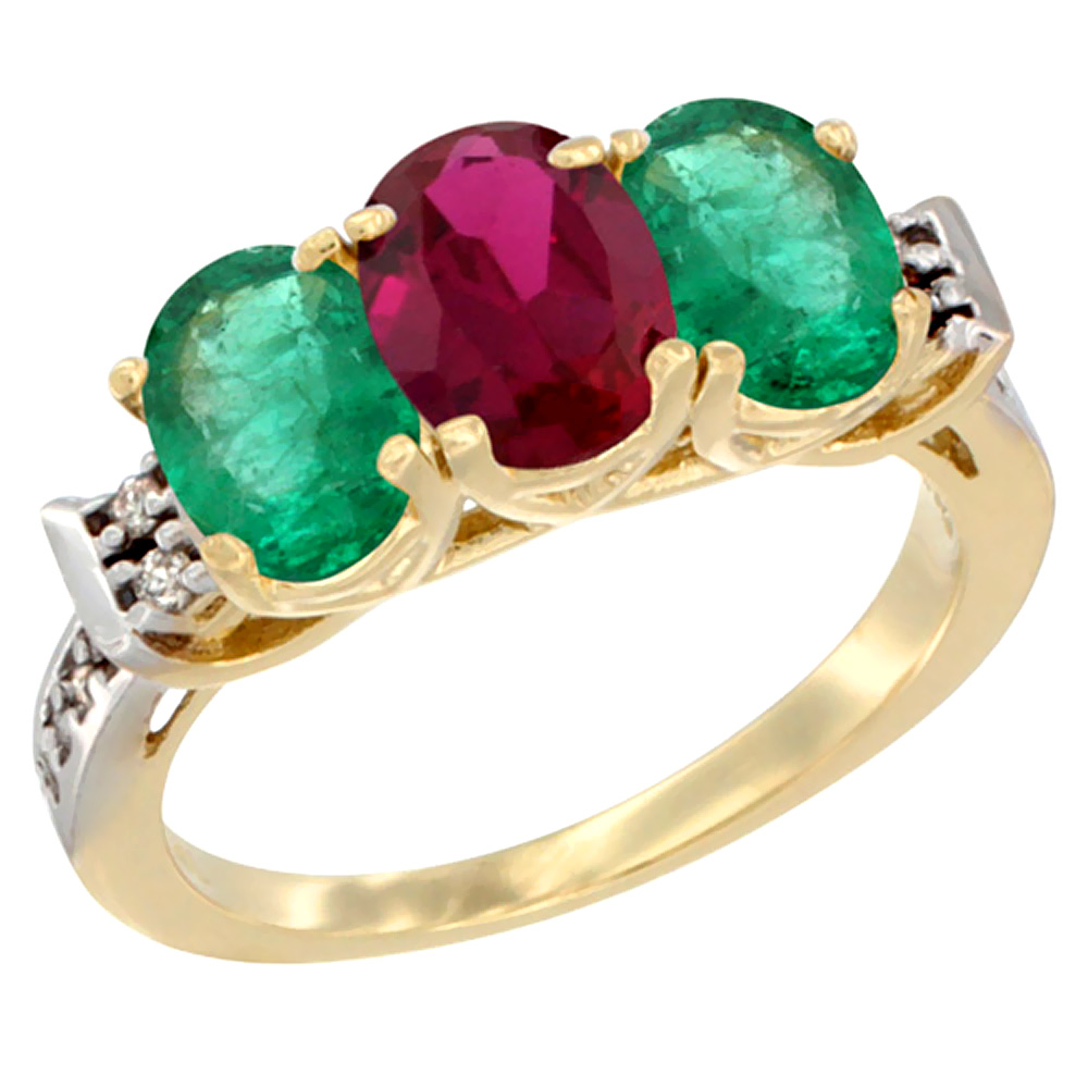 10K Yellow Gold Enhanced Ruby &amp; Natural Emerald Sides Ring 3-Stone Oval 7x5 mm Diamond Accent, sizes 5 - 10
