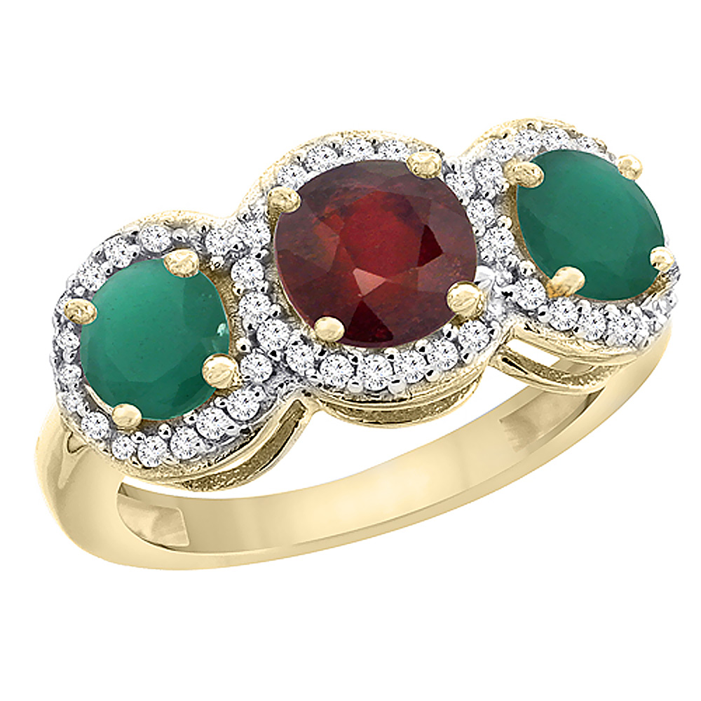 10K Yellow Gold Enhanced Ruby &amp; Emerald Sides Round 3-stone Ring Diamond Accents, sizes 5 - 10