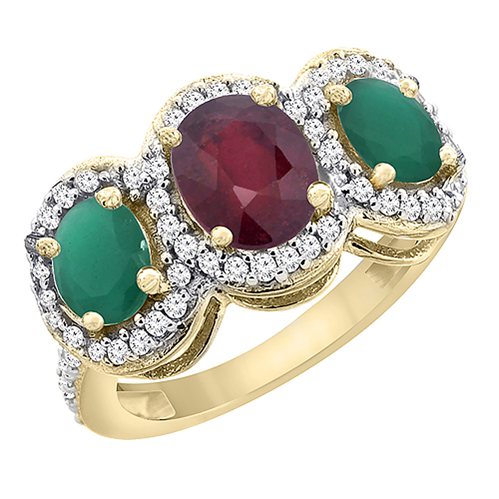 14K Yellow Gold Natural Quality Ruby &amp; Cabochon Emerald 3-stone Mothers Ring Oval Diamond Accent,sz5 - 10