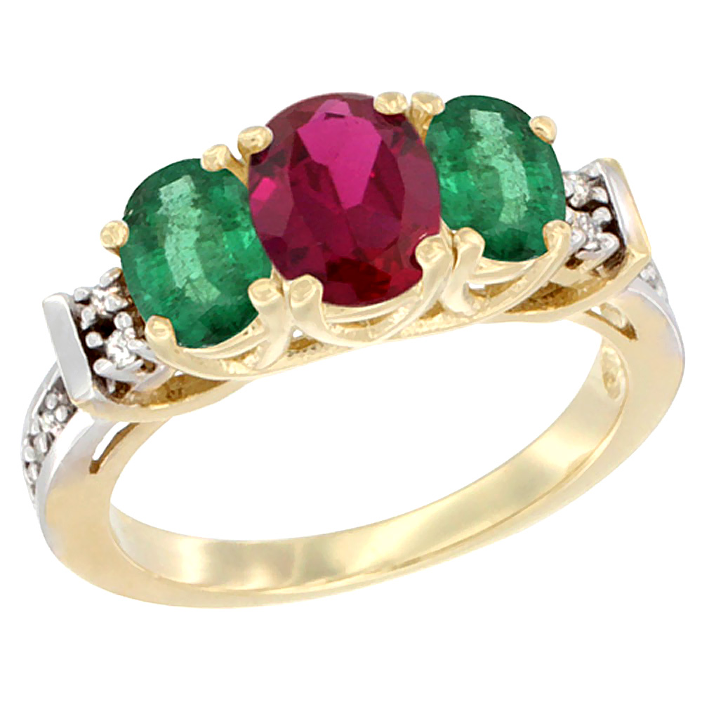 10K Yellow Gold Natural High Quality Ruby & Emerald Ring 3-Stone Oval Diamond Accent