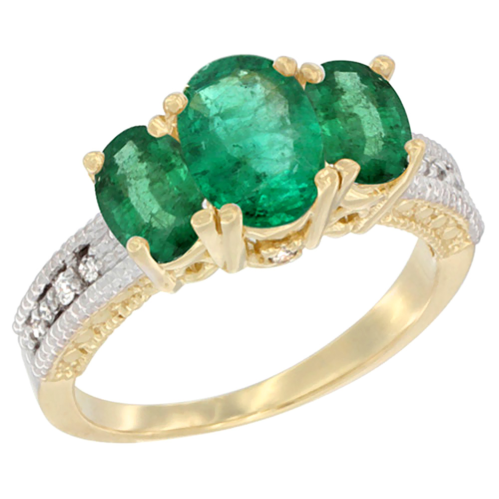 10K Yellow Gold Diamond Natural Emerald Ring Oval 3-stone, sizes 5 - 10