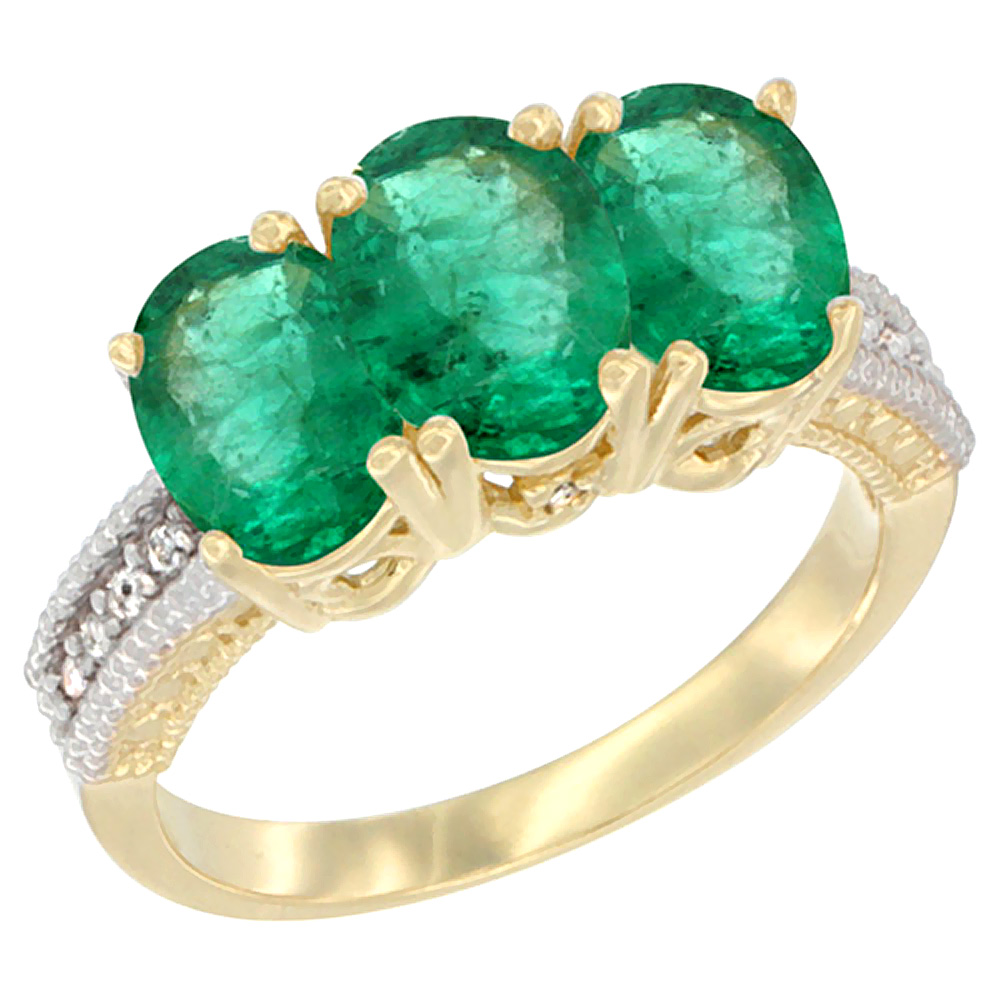 14K Yellow Gold Natural Emerald Ring 3-Stone 7x5 mm Oval Diamond Accent, sizes 5 - 10