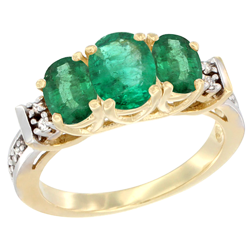 10K Yellow Gold Natural Emerald Ring 3-Stone Oval Diamond Accent