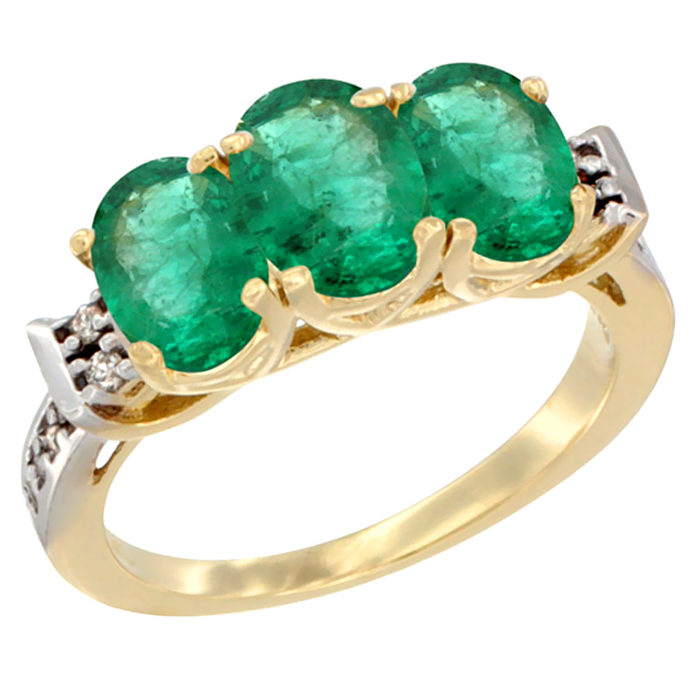 14K Yellow Gold Natural Emerald Ring 3-Stone Oval 7x5 mm Diamond Accent, sizes 5 - 10