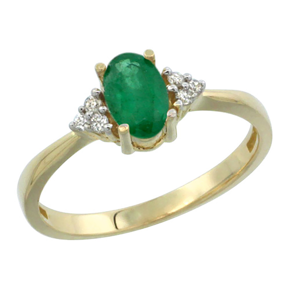 10K Yellow Gold Diamond Natural Emerald Engagement Ring Oval 7x5mm, sizes 5-10