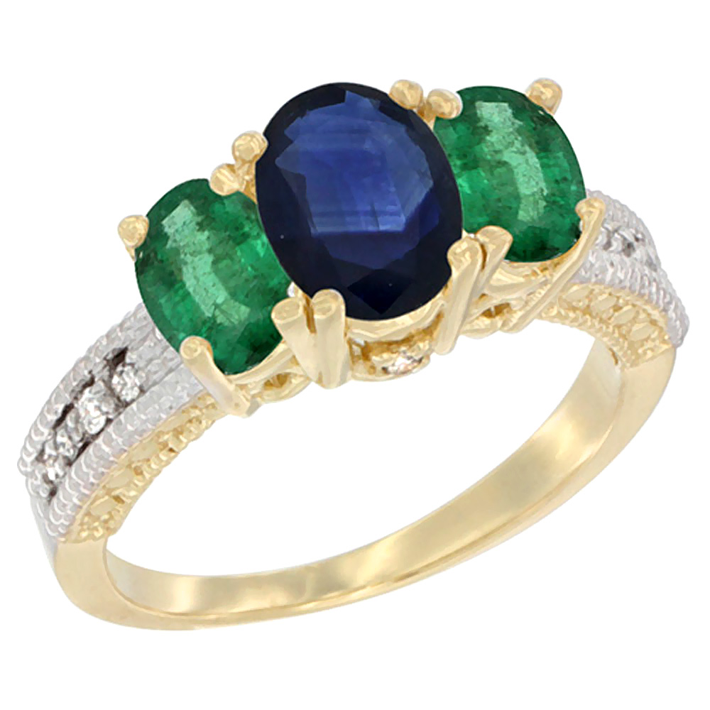 14K Yellow Gold Diamond Natural Blue Sapphire 7x5mm &amp; 6x4mm Quality Emerald Oval 3-stone Ring,size 5 - 10