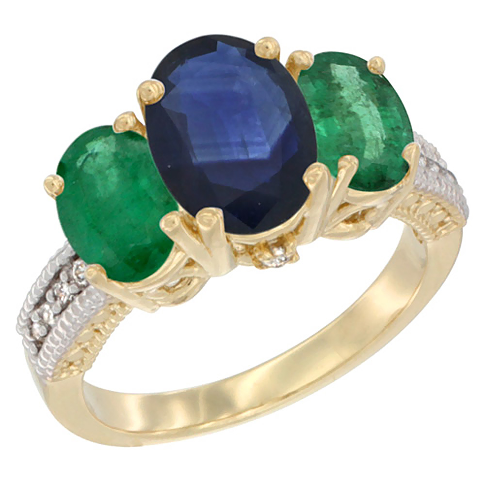 14K Yellow Gold Diamond Natural Quality Blue Sapphire 3-stone Mothers Ring Oval 8x6mm with Emerald,sz5-10