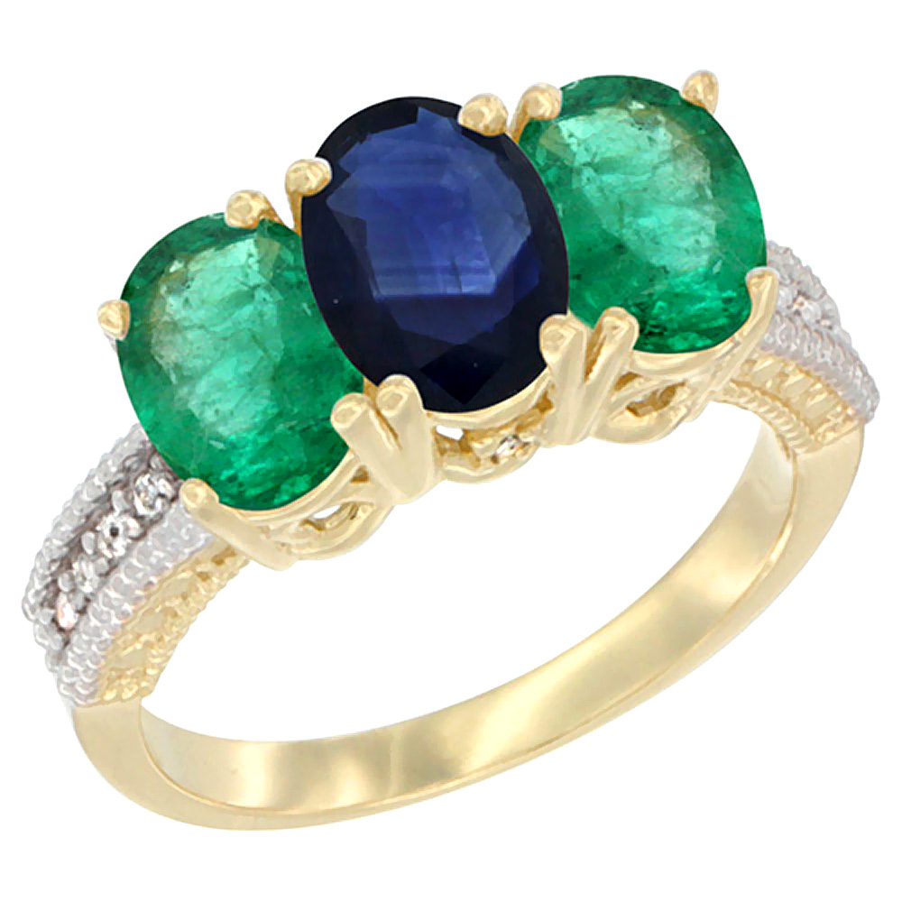 14K Yellow Gold Natural Blue Sapphire & Emerald Sides Ring 3-Stone 7x5 mm Oval Diamond Accent, sizes 5 - 10