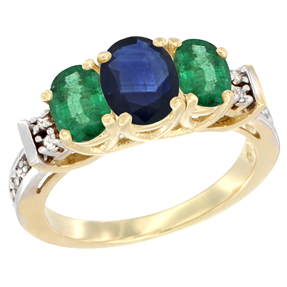10K Yellow Gold Natural Blue Sapphire & Emerald Ring 3-Stone Oval Diamond Accent