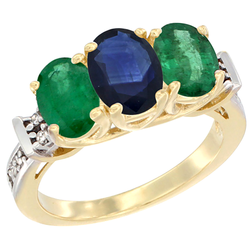 14K Yellow Gold Natural Blue Sapphire &amp; Emerald Sides Ring 3-Stone Oval Diamond Accent, sizes 5 - 10