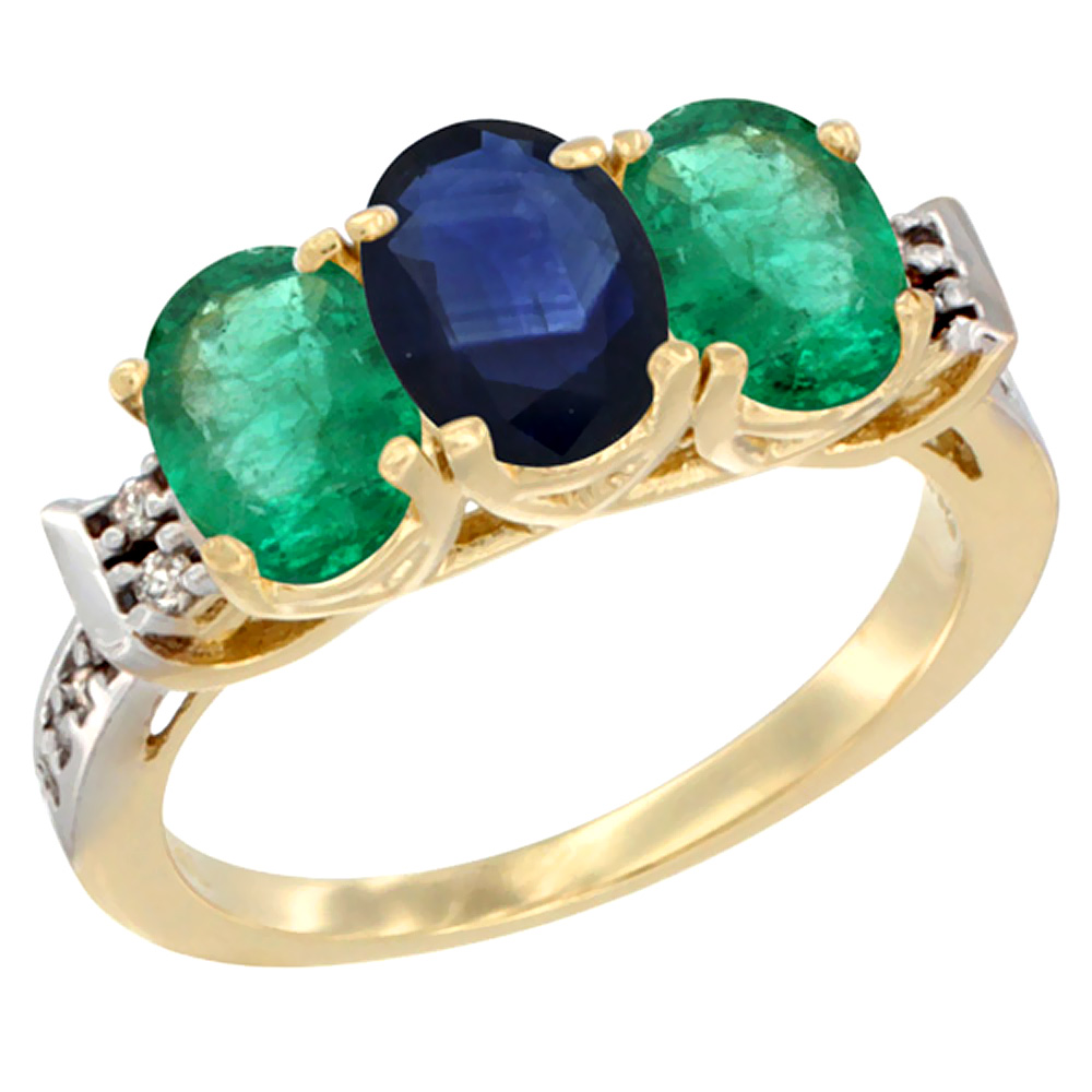 10K Yellow Gold Natural Blue Sapphire &amp; Emerald Sides Ring 3-Stone Oval 7x5 mm Diamond Accent, sizes 5 - 10