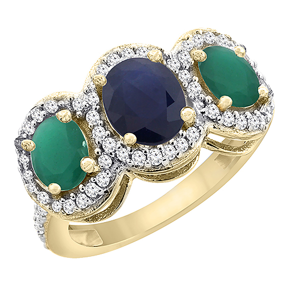 10K Yellow Gold Natural Blue Sapphire & Cabochon Emerald 3-Stone Ring Oval Diamond Accent, sizes 5 - 10