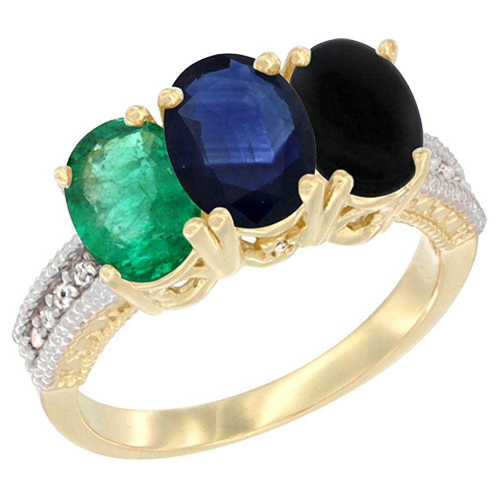 10K Yellow Gold Diamond Natural Emerald, Blue Sapphire & Black Onyx Ring 3-Stone 7x5 mm Oval, sizes 5 - 10