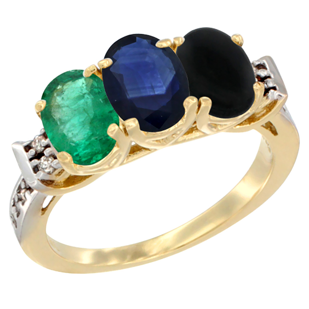 10K Yellow Gold Natural Emerald, Blue Sapphire &amp; Black Onyx Ring 3-Stone Oval 7x5 mm Diamond Accent, sizes 5 - 10