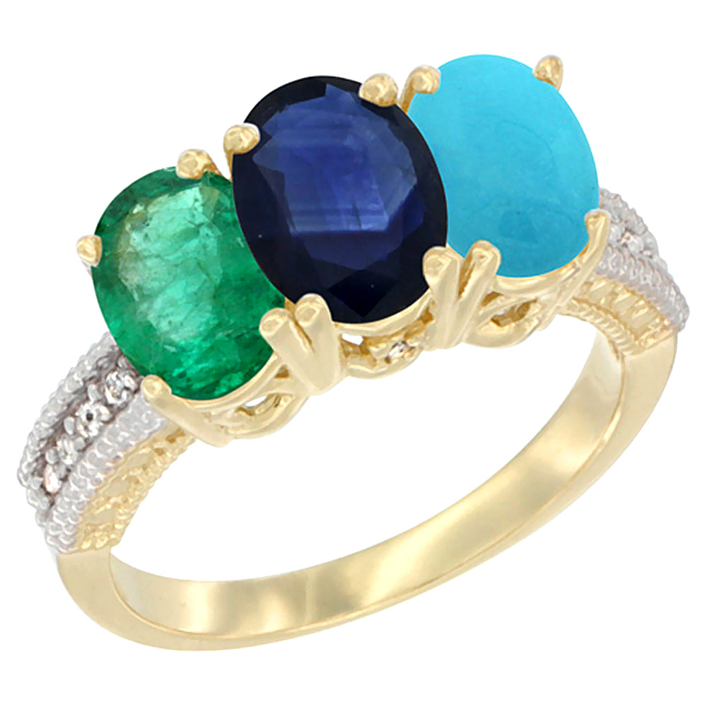 10K Yellow Gold Diamond Natural Emerald, Blue Sapphire & Turquoise Ring 3-Stone 7x5 mm Oval, sizes 5 - 10
