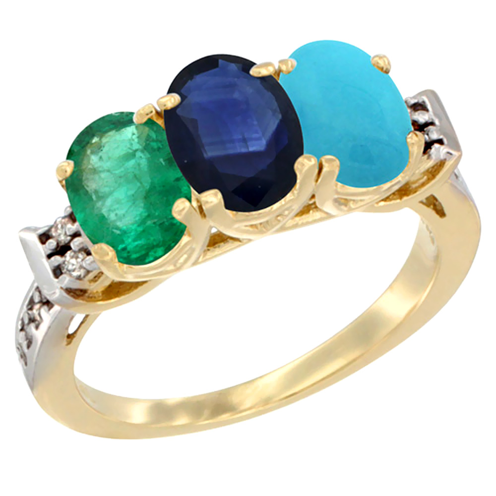 10K Yellow Gold Natural Emerald, Blue Sapphire & Turquoise Ring 3-Stone Oval 7x5 mm Diamond Accent, sizes 5 - 10