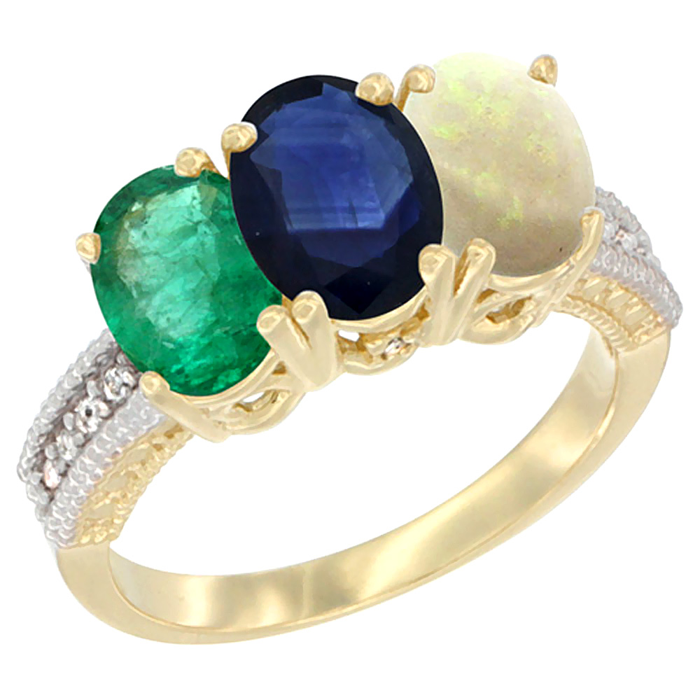 14K Yellow Gold Natural Emerald, Blue Sapphire & Opal Ring 3-Stone 7x5 mm Oval Diamond Accent, sizes 5 - 10