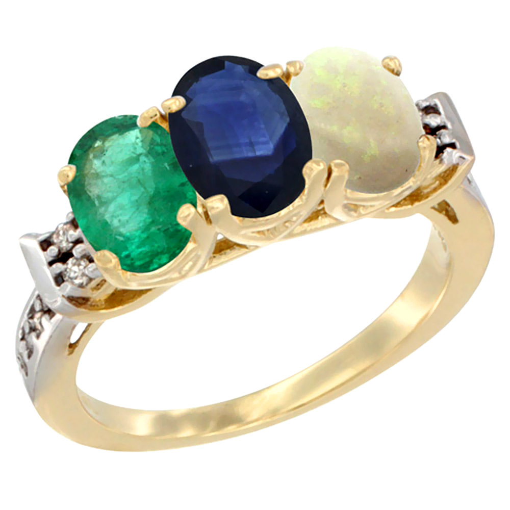 10K Yellow Gold Natural Emerald, Blue Sapphire & Opal Ring 3-Stone Oval 7x5 mm Diamond Accent, sizes 5 - 10